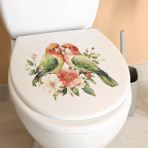 Adesivo per Gabinetto con Uccelli e Fiori in Acquerello PVC Rimovibile Decalcomania da Muro per Bagno Decorazione Casa Estetica