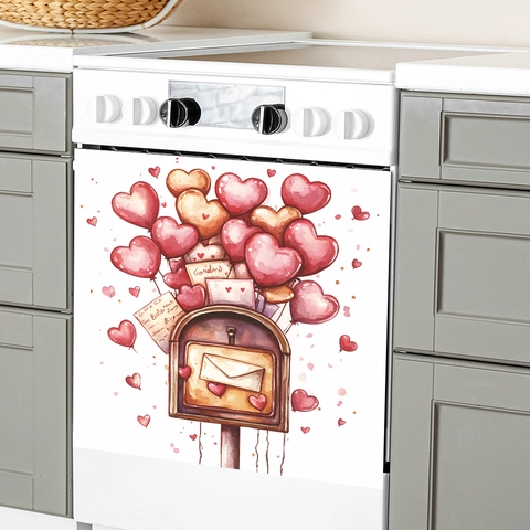 Watercolor Heart Balloon Mailbox Wall Sticker For Kitchen Dining Room Valentine Day Home Decor PVC Appliance Decal