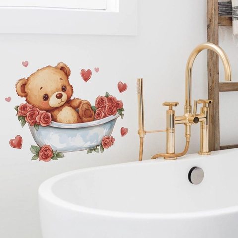 Adesivo da Parete Bagno Orsetto Vasca da Bagno Rosa Rossa Cuore Impermeabile PVC Decalcomania Decorazione Parete Casa