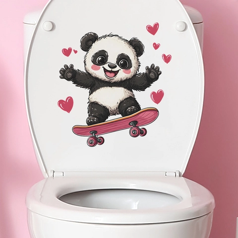 Cartoon Panda Skateboard Heart Toilet Sticker Waterproof PVC Bathroom Decal Home Beautification Decor Valentine's Day