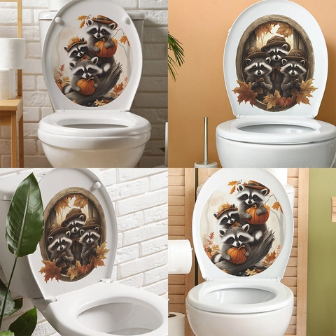 Cartoon Raccoon Pumpkin Maple Leaf Toilet Lid Sticker Waterproof Autumn Halloween Bathroom Decor Wall Decal For Home