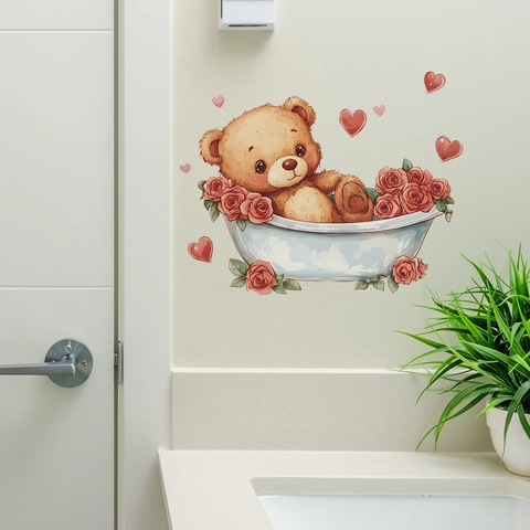 Adesivo da Parete Bagno Orsetto Vasca da Bagno Rosa Rossa Cuore Impermeabile PVC Decalcomania Decorazione Parete Casa