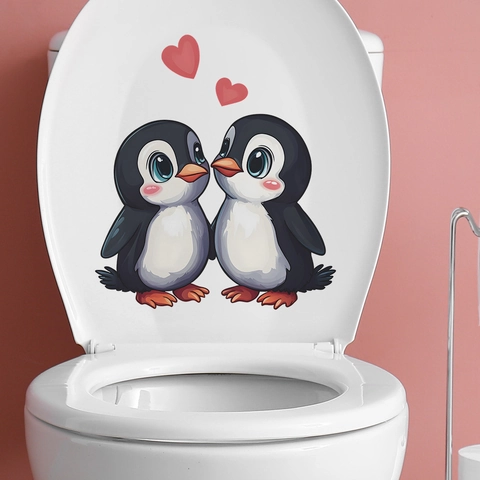 Schattige Cartoon Pinguïn Hart Toilet Sticker Voor Badkamer Decoratie Waterdicht PVC DIY Verwijderbare Muurkunst Sticker