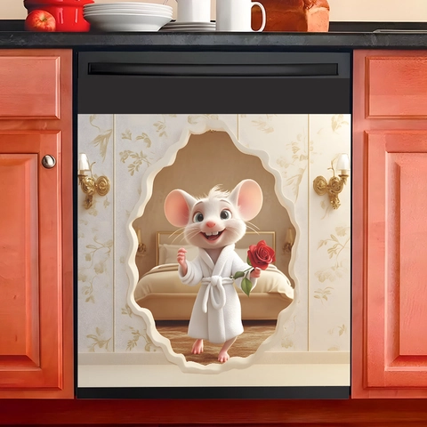 Pegatina de Pared 3D Ratón de Dibujos Animados Con Rosa PVC Removible Mural Decorativo Para Cocina Lavavajillas Refrigerador Hogar
