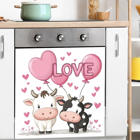 Pink Heart Balloons Cartoon Cow Kitchen Wall Stickers PVC LOVE Pattern Decorative Fridge Decals Home Decor Wall Art