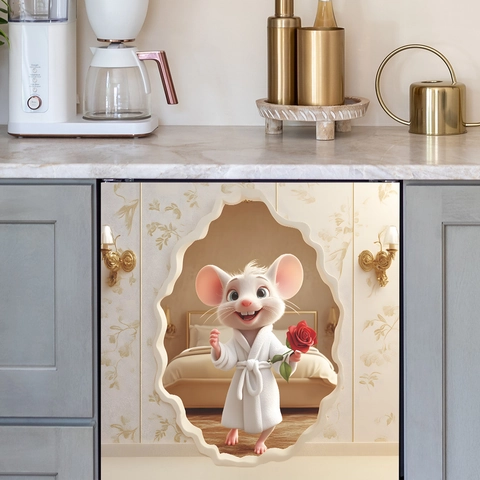 Pegatina de Pared 3D Ratón de Dibujos Animados Con Rosa PVC Removible Mural Decorativo Para Cocina Lavavajillas Refrigerador Hogar