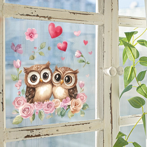 Valentinstag Aquarell Eule Paar Fensteraufkleber Romantisch Herz Rose PVC Haus Glas Dekoration Abnehmbarer Wandaufkleber