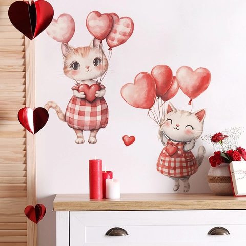 Cute Cartoon Cats With Heart Balloons PVC Wall Stickers For Kids Bedroom Living Room DIY Removable Art Mural Home Decor