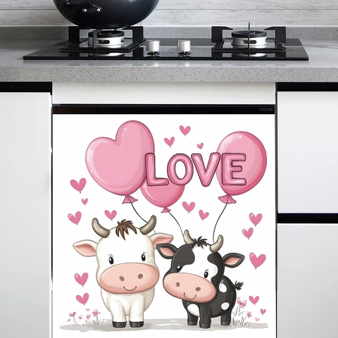 Pink Heart Balloons Cartoon Cow Kitchen Wall Stickers PVC LOVE Pattern Decorative Fridge Decals Home Decor Wall Art