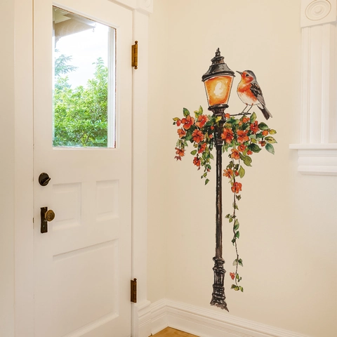 Creatieve Vintage Straatlantaarn Vogel PVC Muursticker Aquarell Bloemen Zelfklevende Muurstickers Voor Woonkamer Slaapkamer