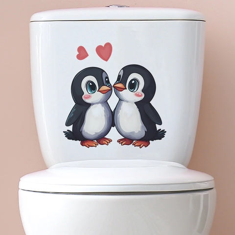 Schattige Cartoon Pinguïn Hart Toilet Sticker Voor Badkamer Decoratie Waterdicht PVC DIY Verwijderbare Muurkunst Sticker