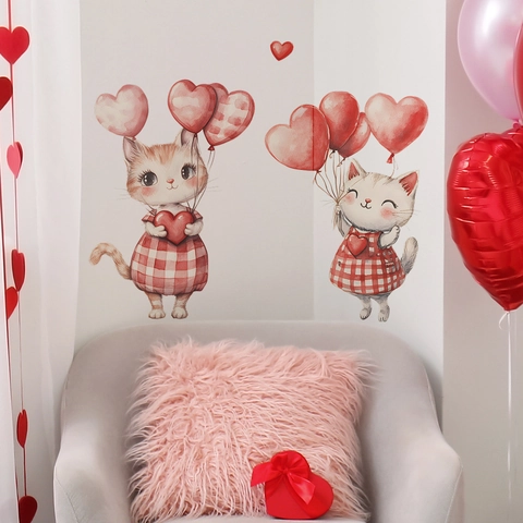 Cute Cartoon Cats With Heart Balloons PVC Wall Stickers For Kids Bedroom Living Room DIY Removable Art Mural Home Decor