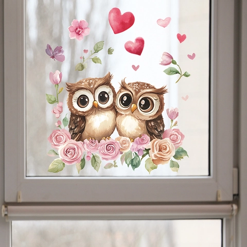 Valentinstag Aquarell Eule Paar Fensteraufkleber Romantisch Herz Rose PVC Haus Glas Dekoration Abnehmbarer Wandaufkleber
