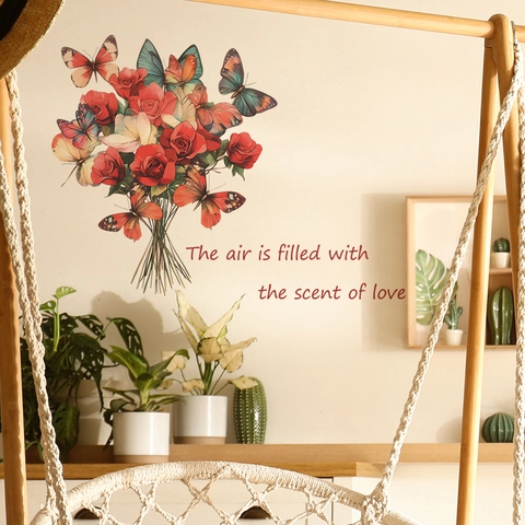 Adesivi Murali Romantici Con Rose Rosse e Farfalle Colorate Slogan d'Amore in PVC Decalcomania Rimovibile per Camera da Letto