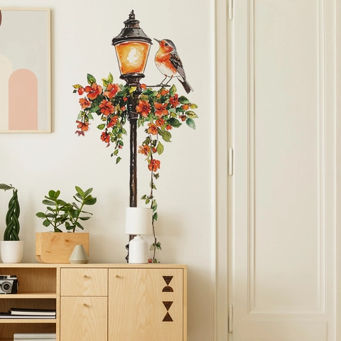 Creatieve Vintage Straatlantaarn Vogel PVC Muursticker Aquarell Bloemen Zelfklevende Muurstickers Voor Woonkamer Slaapkamer