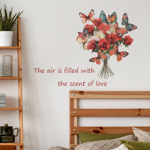 Adesivi Murali Romantici Con Rose Rosse e Farfalle Colorate Slogan d'Amore in PVC Decalcomania Rimovibile per Camera da Letto