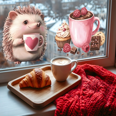 Cartoon Hedgehog Dessert Coffee Cup PVC Wall Sticker Waterproof DIY Removable Art Decal For Kitchen Dining Room Home Decor