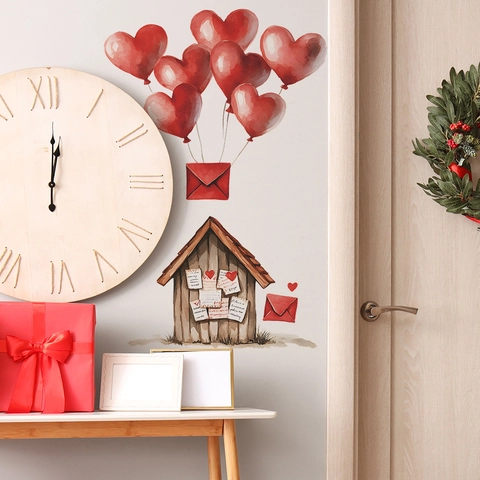 Watercolor Valentine's Day Wall Decals Red Heart Balloons Envelopes Log Cabin Self Adhesive PVC Decorative Stickers For Living Room Bedroom