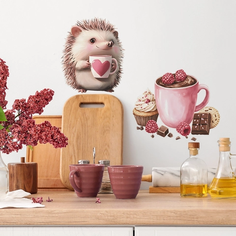 Cartoon Hedgehog Dessert Coffee Cup PVC Wall Sticker Waterproof DIY Removable Art Decal For Kitchen Dining Room Home Decor