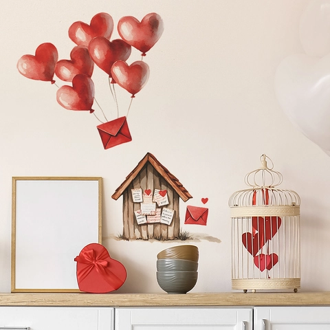 Watercolor Valentine's Day Wall Decals Red Heart Balloons Envelopes Log Cabin Self Adhesive PVC Decorative Stickers For Living Room Bedroom