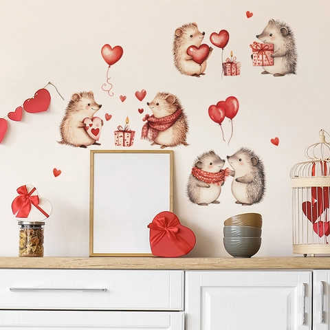 Cute Hedgehog Heart Balloon Wall Stickers PVC Self-Adhesive Valentine's Day Decorative Decals For Bedroom Living Room Decor