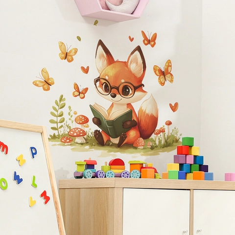 Adesivo da Parete Cartone Animato Volpe Che Legge Libri Con Farfalle Funghi Piante Murale in PVC Removibile per Cameretta Bambini Decorazione Casa