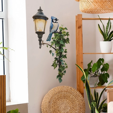 Vintage Straßenlaterne Vogel Ranke Blätter Wandtattoo PVC Dekoratives Kunst Abziehbild Für Wohnzimmer Schlafzimmer Home Deko