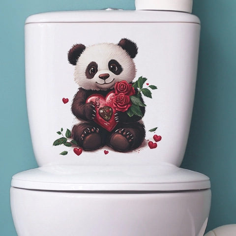 Pegatina de Inodoro Panda Dibujos Animados Corazón Rosa Día de San Valentín Impermeable PVC Decoración Baño Vinilo Pared