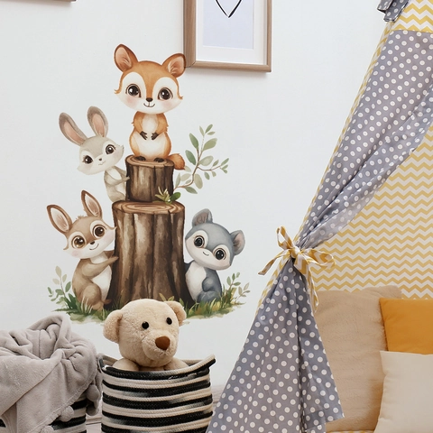 Cartoon Forest Animal Wall Stickers PVC Watercolor Squirrel Rabbit Tree Stump Decals For Kids Bedroom Nursery Room Decor