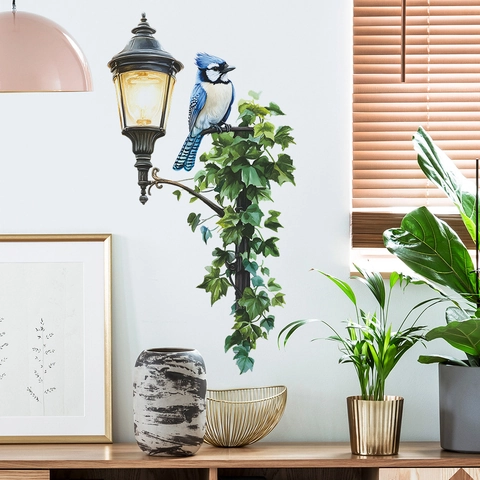 Vintage Straßenlaterne Vogel Ranke Blätter Wandtattoo PVC Dekoratives Kunst Abziehbild Für Wohnzimmer Schlafzimmer Home Deko