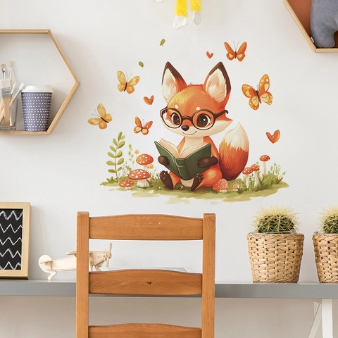 Adesivo da Parete Cartone Animato Volpe Che Legge Libri Con Farfalle Funghi Piante Murale in PVC Removibile per Cameretta Bambini Decorazione Casa