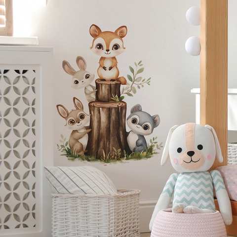 Cartoon Forest Animal Wall Stickers PVC Watercolor Squirrel Rabbit Tree Stump Decals For Kids Bedroom Nursery Room Decor