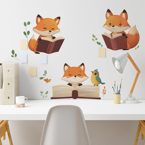 Simpatico Cartone Animato Volpe Che Legge Libri Adesivo Da Parete In PVC Animale Uccello Foglie Decalcomania Decorativa Per Bambini