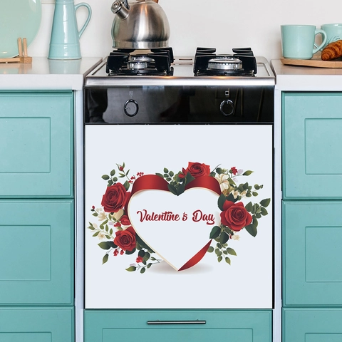 Valentine's Day Rose Heart Dishwasher Decal Kitchen Cabinet Fridge Decoration Sticker Floral PVC Wall Decal For Home Party