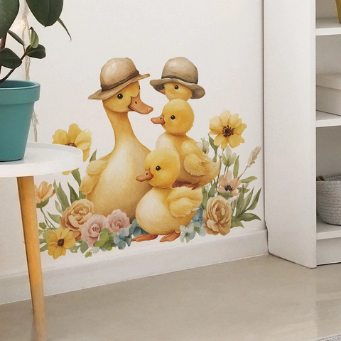 Vinilo Decorativo Pared Familia Pato Amarillo Dibujos Animados Acuarela Flor Hoja PVC Calcomanía Para Dormitorio Infantil
