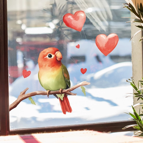 Watercolor Parrot And Heart Window Sticker UV Transparent PVC Removable Decal For Living Room Bedroom Home Decoration