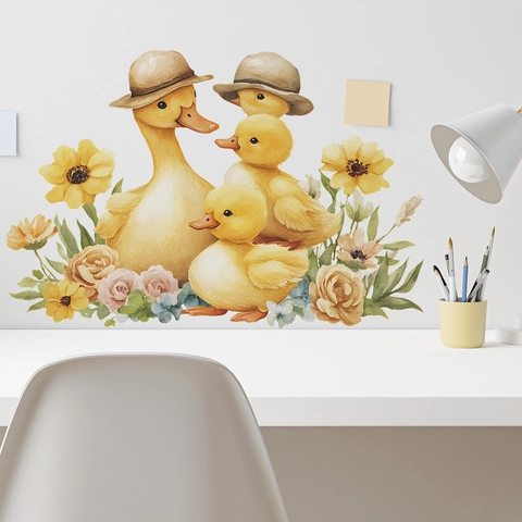 Vinilo Decorativo Pared Familia Pato Amarillo Dibujos Animados Acuarela Flor Hoja PVC Calcomanía Para Dormitorio Infantil