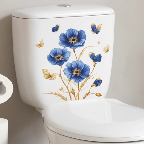 Eleganter Mohnblume Und Schmetterling Toilettenaufkleber Wasserdicht PVC Badezimmer Dekoration Wandaufkleber Home Decal