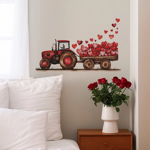Red Tractor With Hearts Decorative Wall Sticker Watercolor Cartoon PVC Decal For Bedroom Living Room Valentine Day Decor
