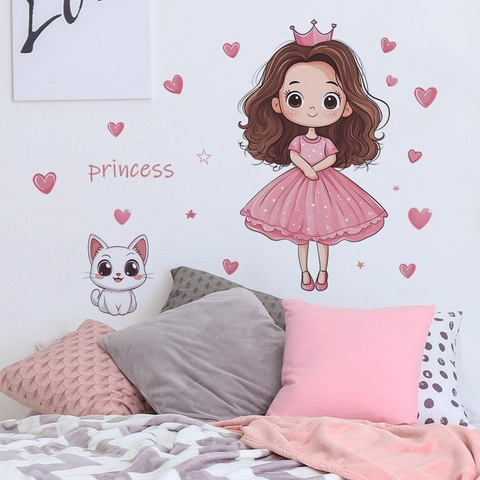 Karikatur Prinzessin Katze Herz Stern Wandtattoo Für Kinder Mädchen Schlafzimmer Wohnzimmer Home Decor Pink PVC DIY Tapete Wandaufkleber