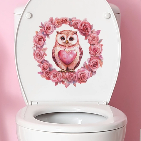 Día De San Valentín Búho Corazón Rosa Guirnalda Pegatina De Inodoro Impermeable PVC Extraíble Decorativo De Pared Para Baño