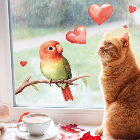 Watercolor Parrot And Heart Window Sticker UV Transparent PVC Removable Decal For Living Room Bedroom Home Decoration