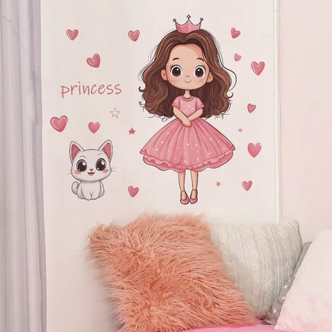 Karikatur Prinzessin Katze Herz Stern Wandtattoo Für Kinder Mädchen Schlafzimmer Wohnzimmer Home Decor Pink PVC DIY Tapete Wandaufkleber
