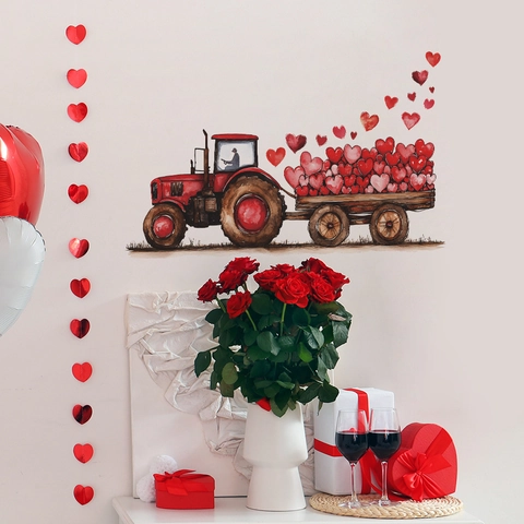 Red Tractor With Hearts Decorative Wall Sticker Watercolor Cartoon PVC Decal For Bedroom Living Room Valentine Day Decor