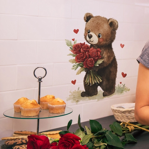 Valentinstag Niedlicher Bär Mit Rose PVC Wandtattoo Aquarell Cartoon Herzmuster Schlafzimmer Hintergrund Dekoration Aufkleber
