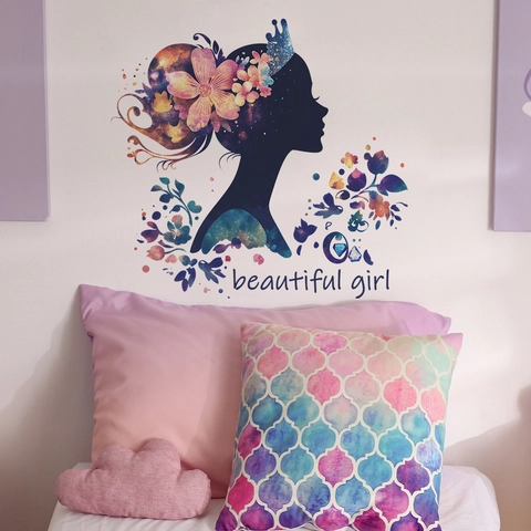 Creative Colorful Flower Girl Silhouette Wall Sticker PVC Decorative Decal Beautiful Girl Quote For Living Room Bedroom Nursery