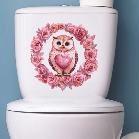Día De San Valentín Búho Corazón Rosa Guirnalda Pegatina De Inodoro Impermeable PVC Extraíble Decorativo De Pared Para Baño