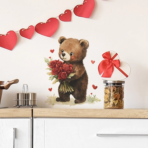 Valentinstag Niedlicher Bär Mit Rose PVC Wandtattoo Aquarell Cartoon Herzmuster Schlafzimmer Hintergrund Dekoration Aufkleber