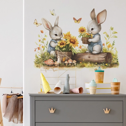 Autocollants Muraux Aquarelle Lapin Tournesol Papillon Pour Chambre d'Enfant Chambre Décoratif PVC Auto-Adhésif Décalcomanies Murales