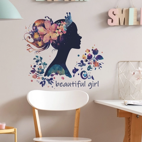 Creative Colorful Flower Girl Silhouette Wall Sticker PVC Decorative Decal Beautiful Girl Quote For Living Room Bedroom Nursery